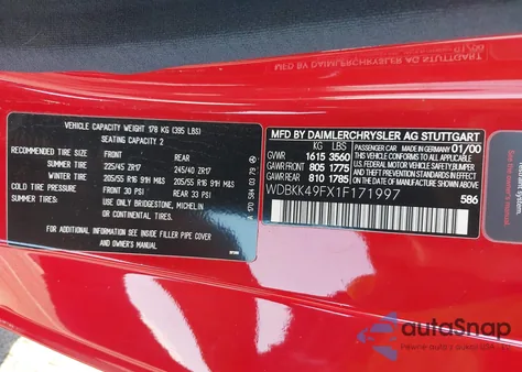 2001 Mercedes-Benz Slk 230 Kompressor из США, поврежденный, VIN WDBKK49FX1F171997